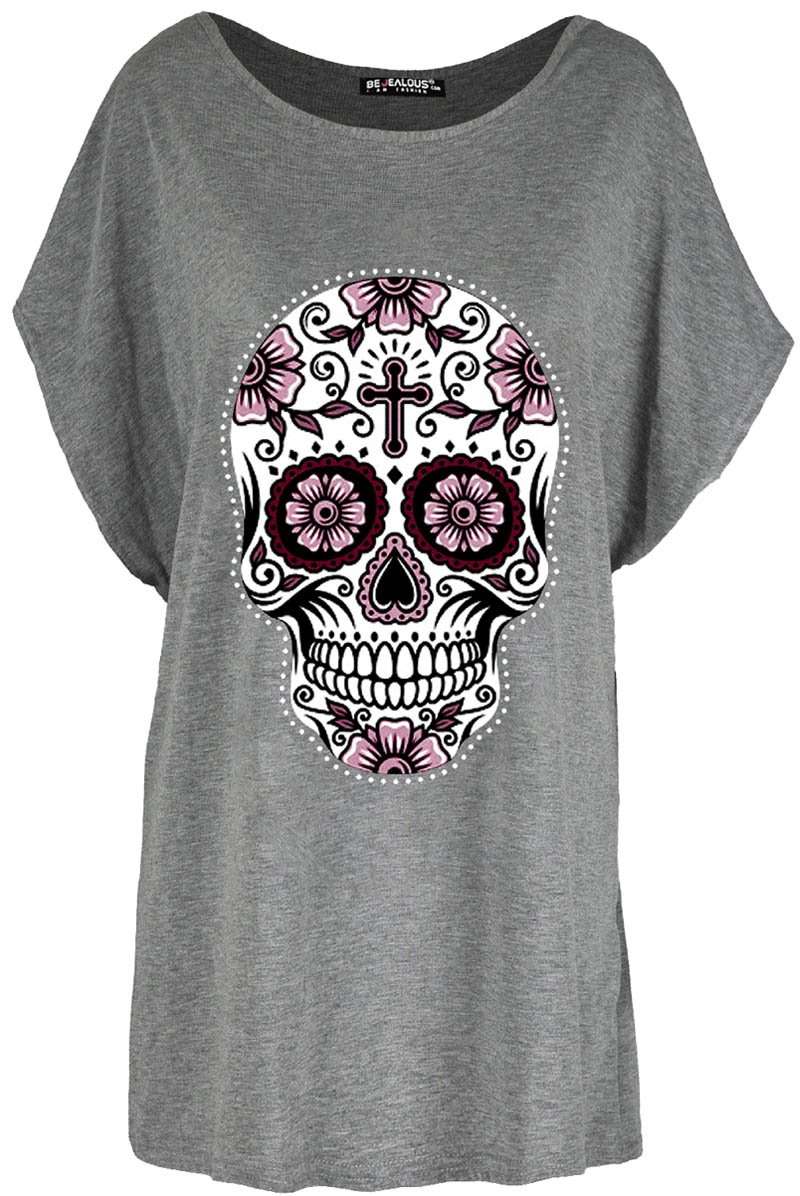 Candy Skull Print Oversized Batwing Jersey Tshirt - bejealous-com