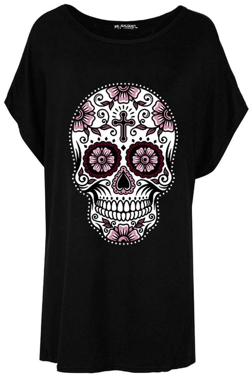 Candy Skull Print Oversized Batwing Jersey Tshirt - bejealous-com