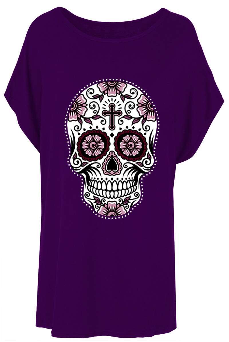 Candy Skull Print Oversized Batwing Jersey Tshirt - bejealous-com