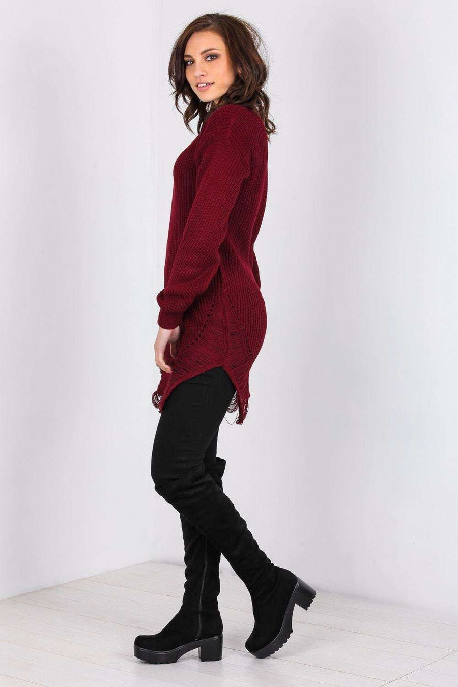 Long Sleeve Red Frayed Knitted Jumper - bejealous-com