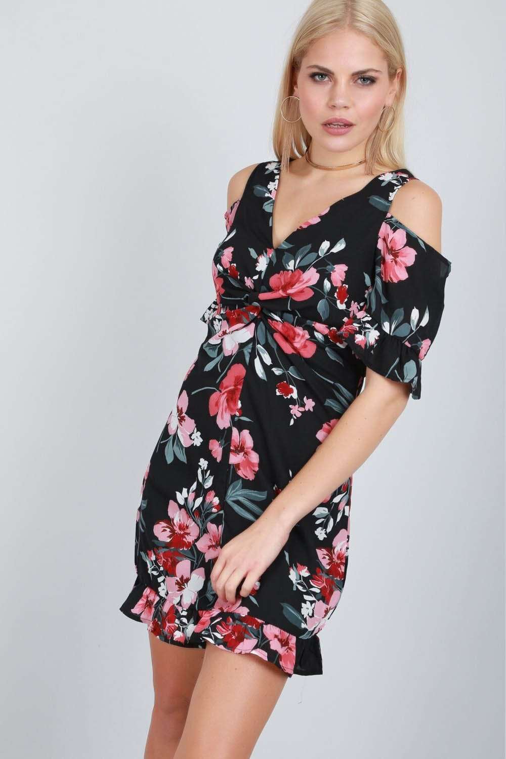 Cold Shoulder Frill Trim Floral Chiffon Mini Dress - bejealous-com