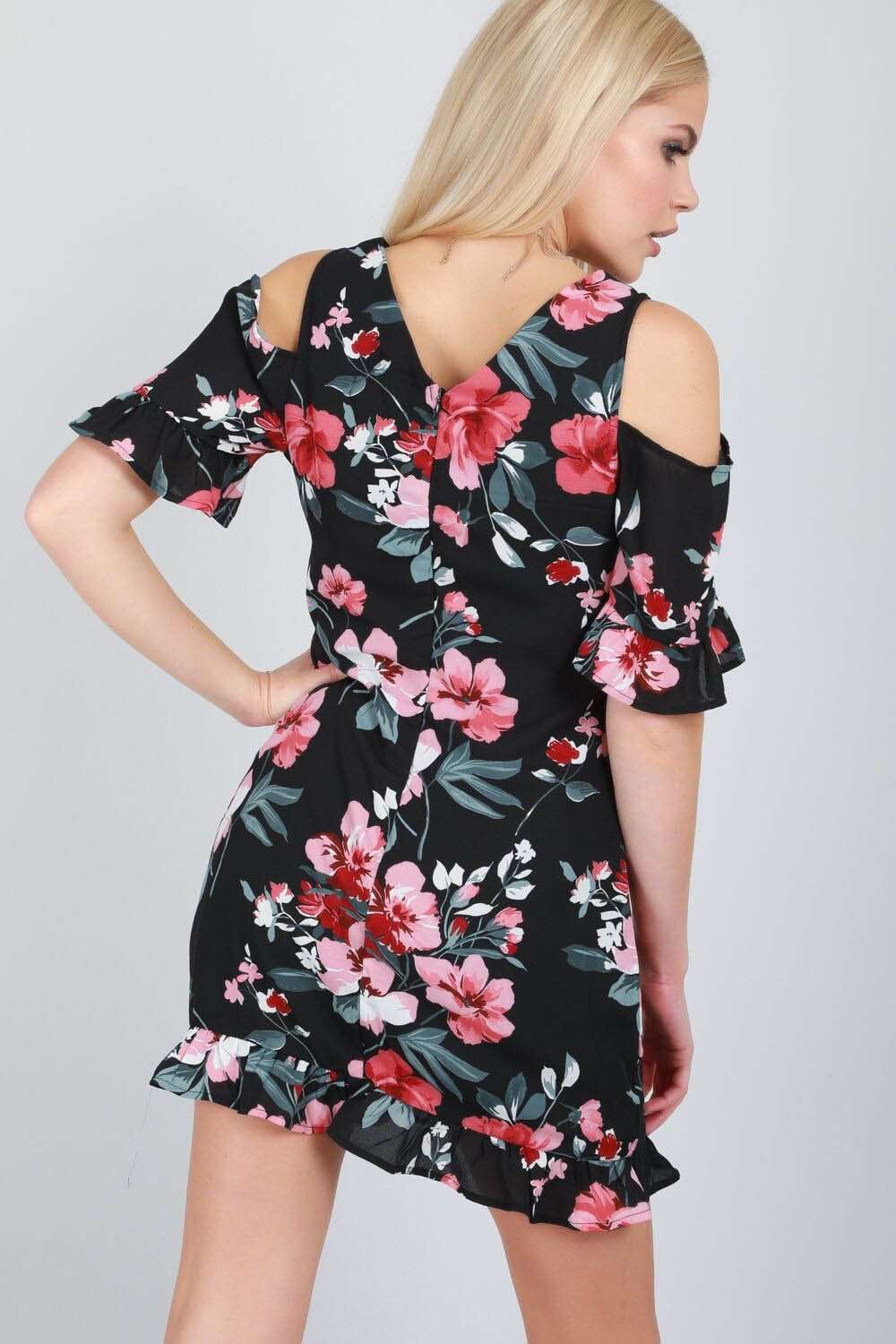Cold Shoulder Frill Trim Floral Chiffon Mini Dress - bejealous-com