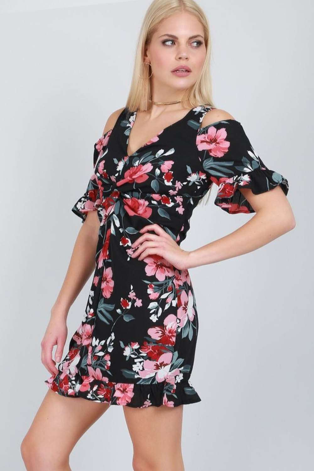 Cold Shoulder Frill Trim Floral Chiffon Mini Dress - bejealous-com