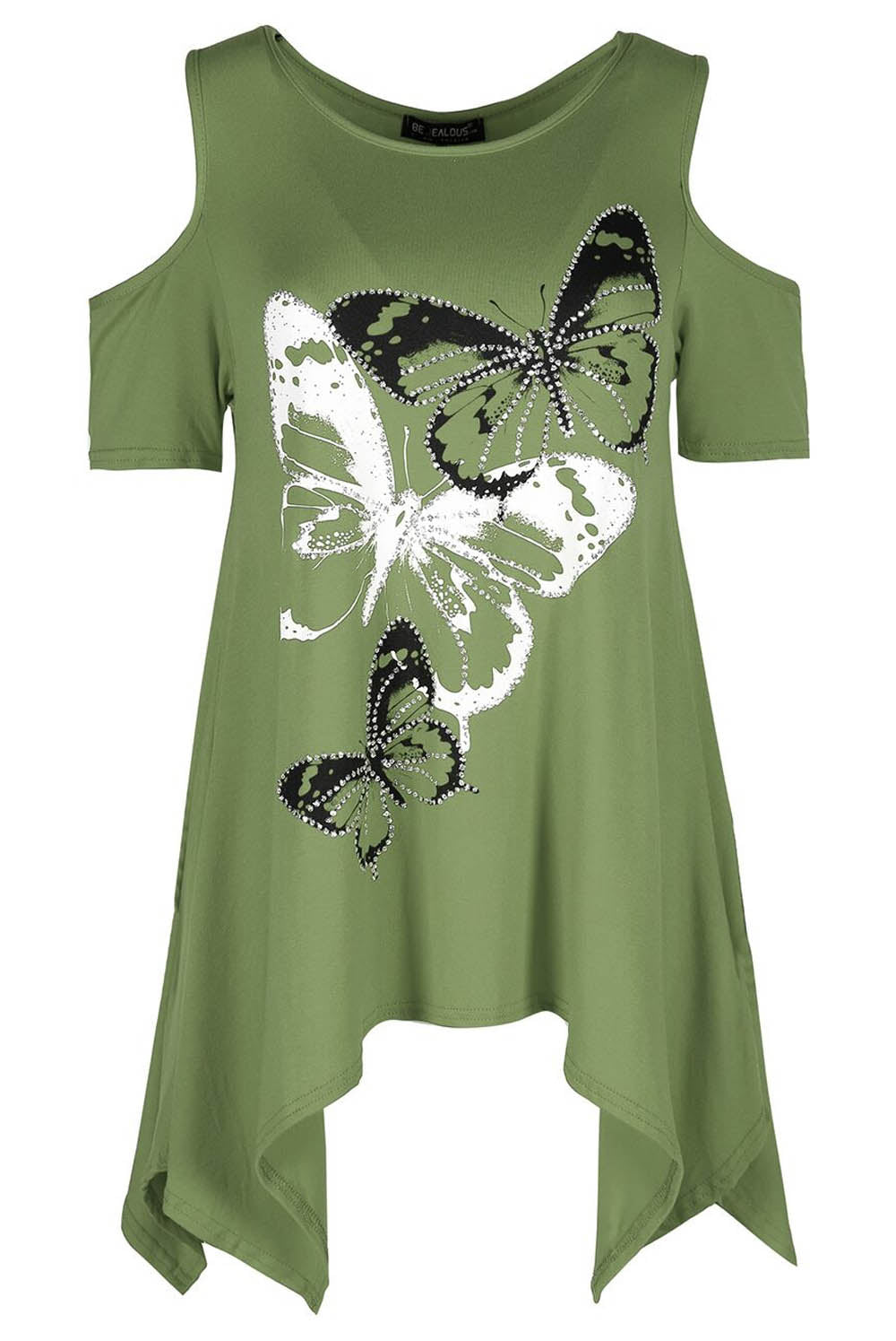 Cold Shoulder Butterfly Print Hanky Hem Top - bejealous-com