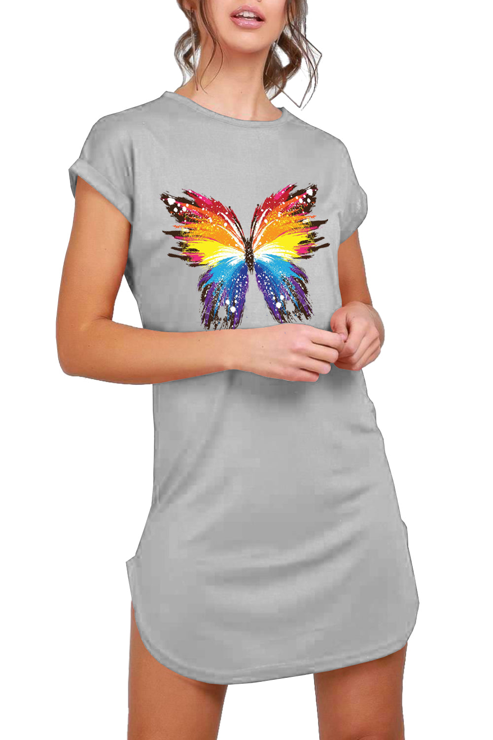 Ada Butterfly Print Curved Hem T Shirt Dress
