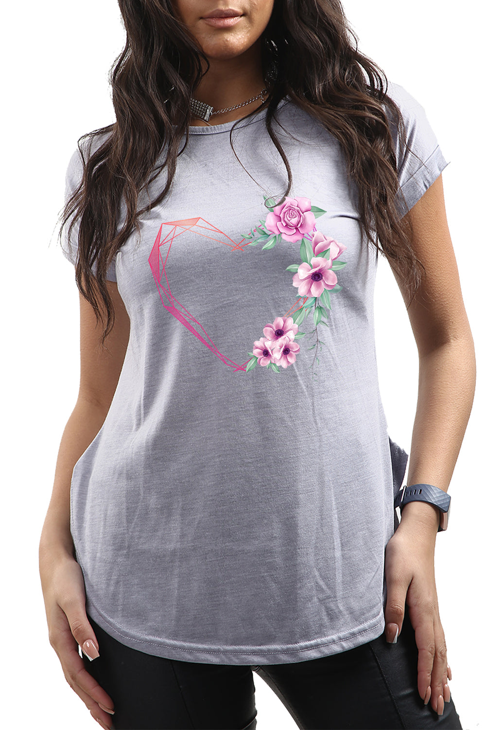 Selena Floral Heart Curved Hem Basic Top