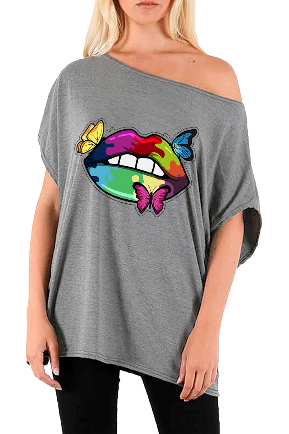 Amber Butterfly Lips One Shoulder Batwing Top