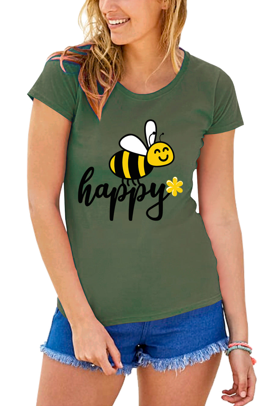 Ada Be Happy Print Basic Slim T Shirt