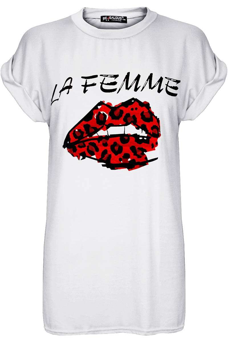 La Femme Graphic Print Roll Sleeve Basic Tshirt - bejealous-com