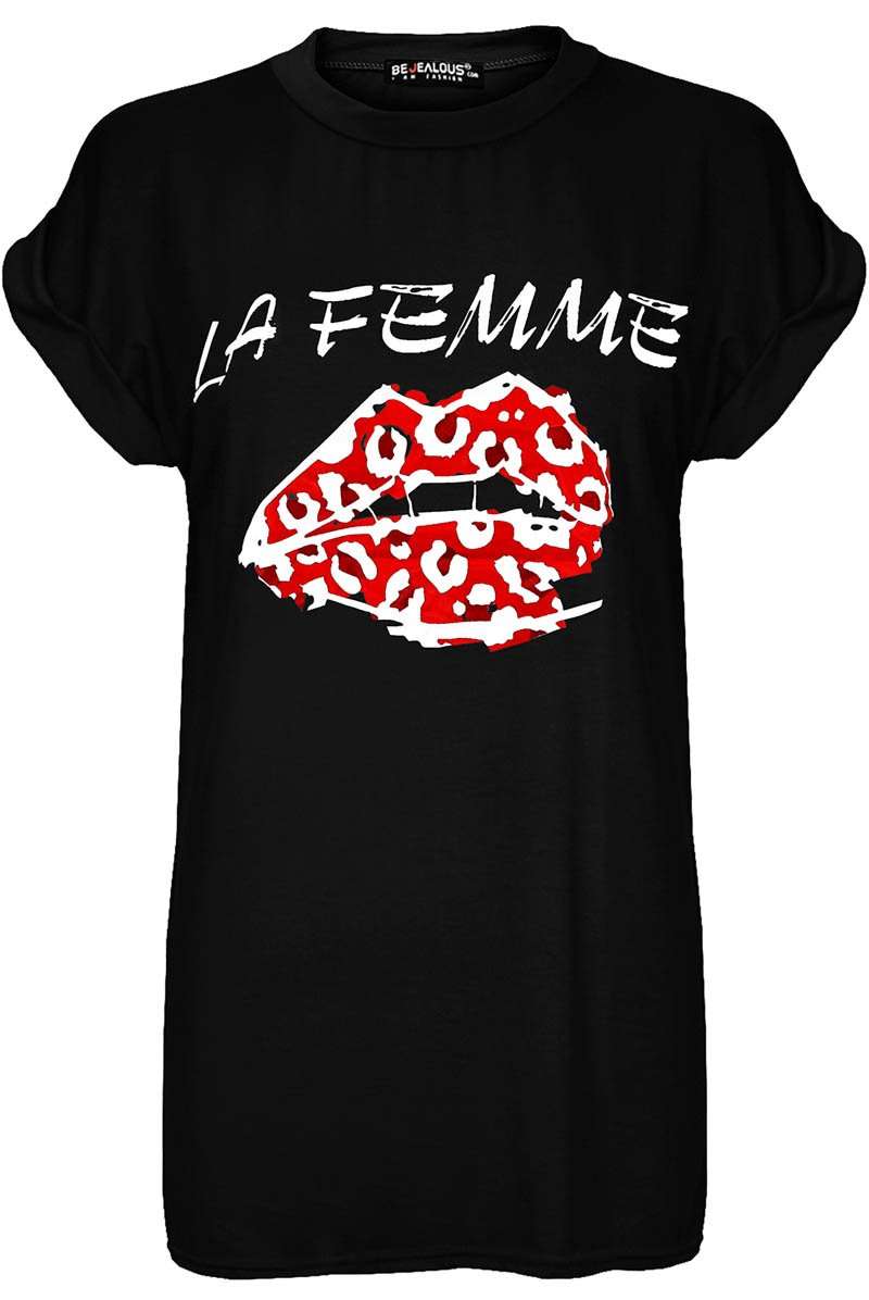 La Femme Graphic Print Roll Sleeve Basic Tshirt - bejealous-com