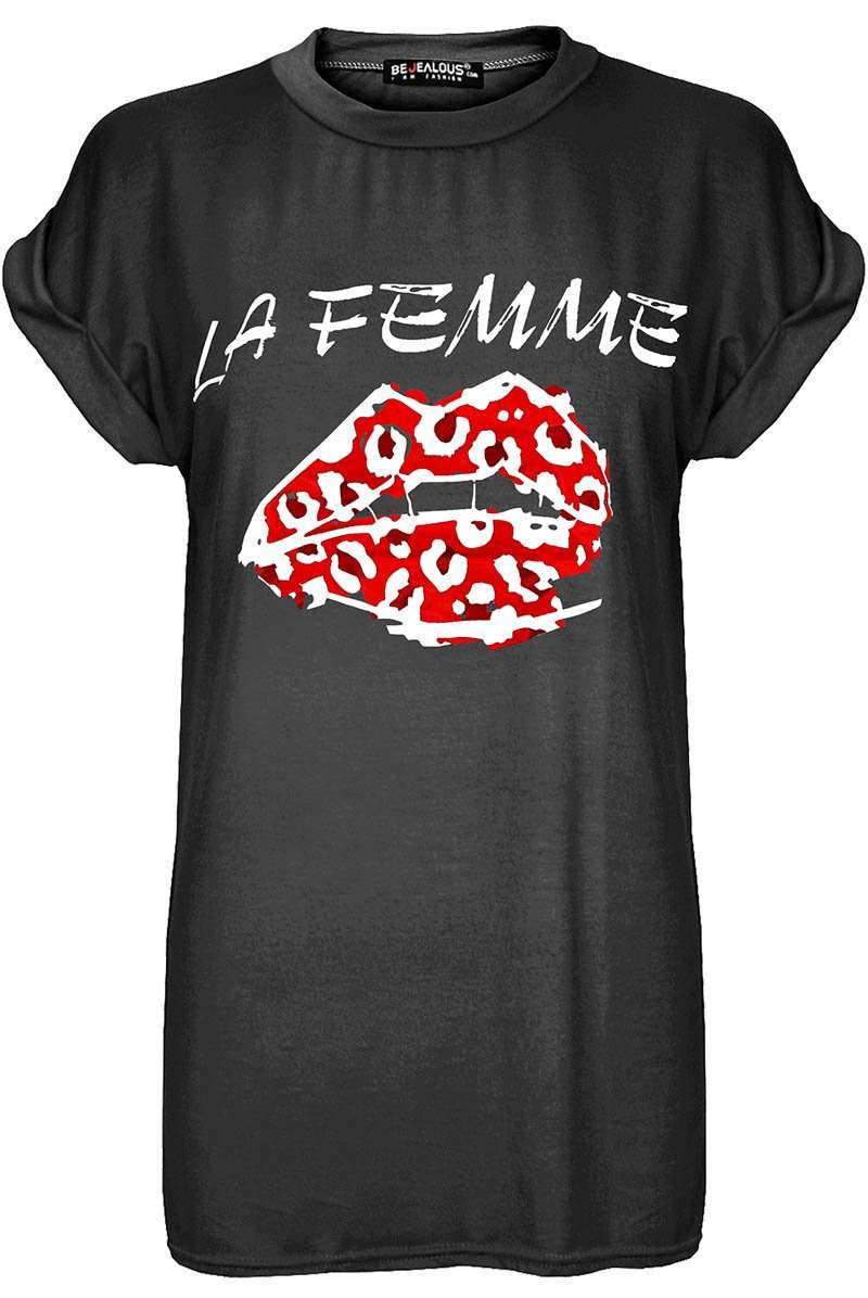 La Femme Graphic Print Roll Sleeve Basic Tshirt - bejealous-com