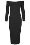 Long Sleeve Black Bardot Midi Bodyon Dress - bejealous-com