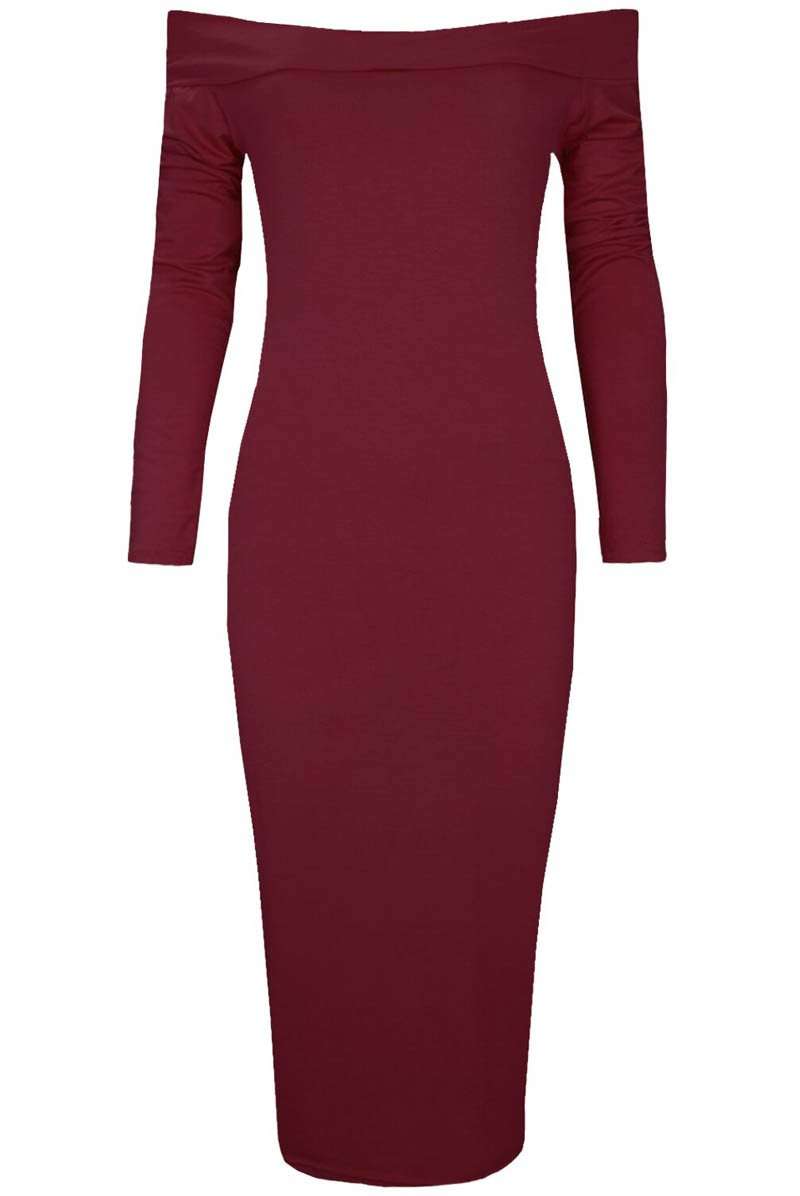 Long Sleeve Black Bardot Midi Bodyon Dress - bejealous-com