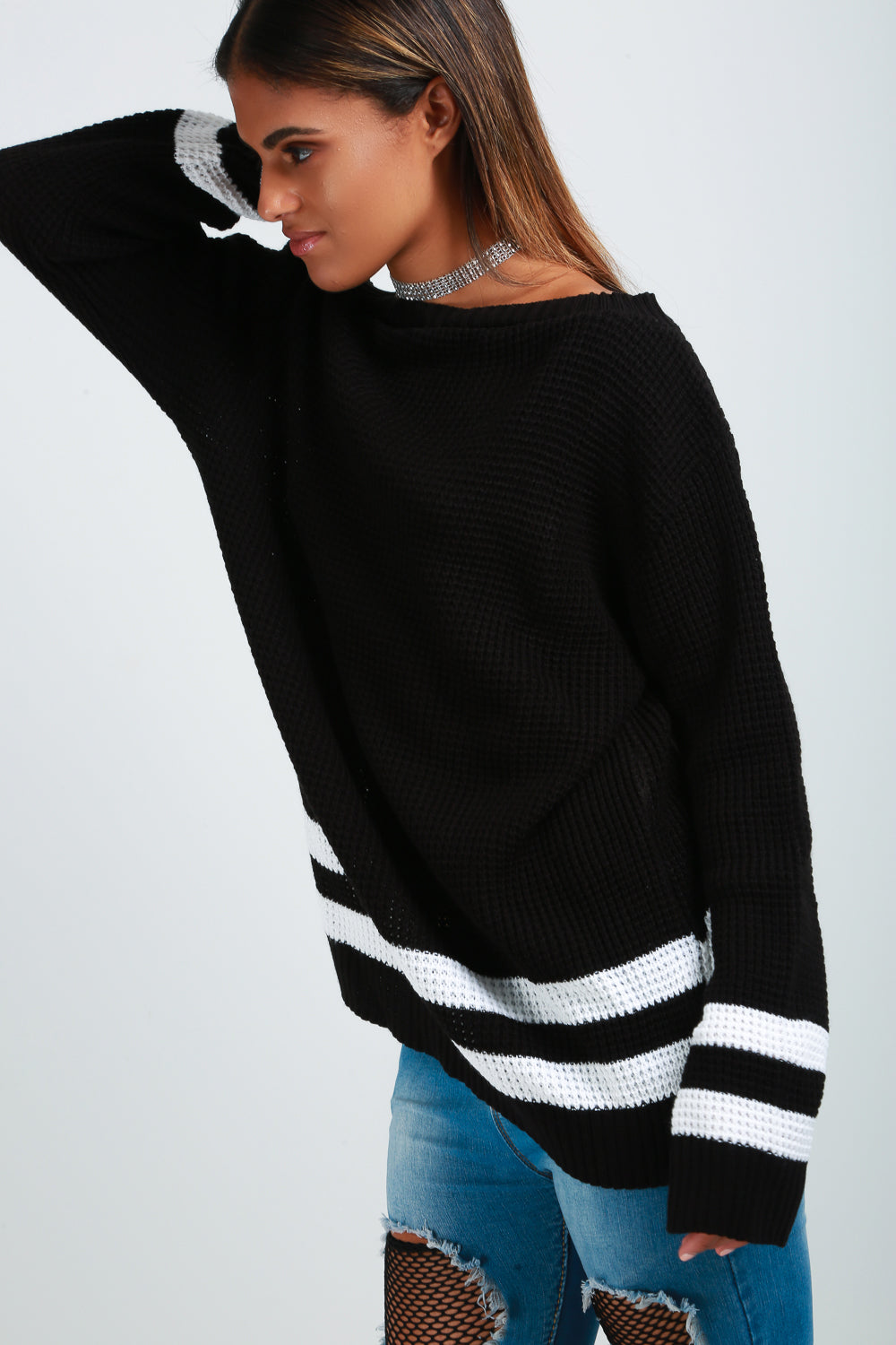 Off Shoulder Monochrome Striped Jumper - bejealous-com