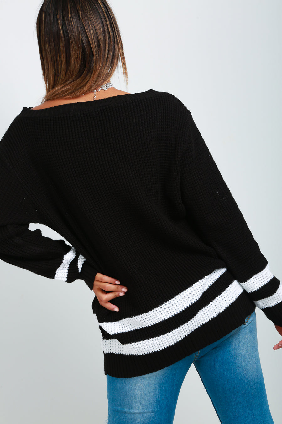 Off Shoulder Monochrome Striped Jumper - bejealous-com