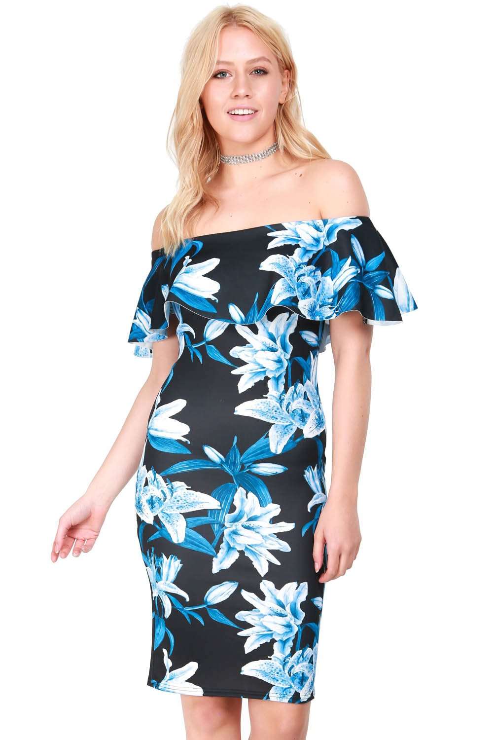 Off Shoulder Blue Floral Midi Bodycon Dress - bejealous-com