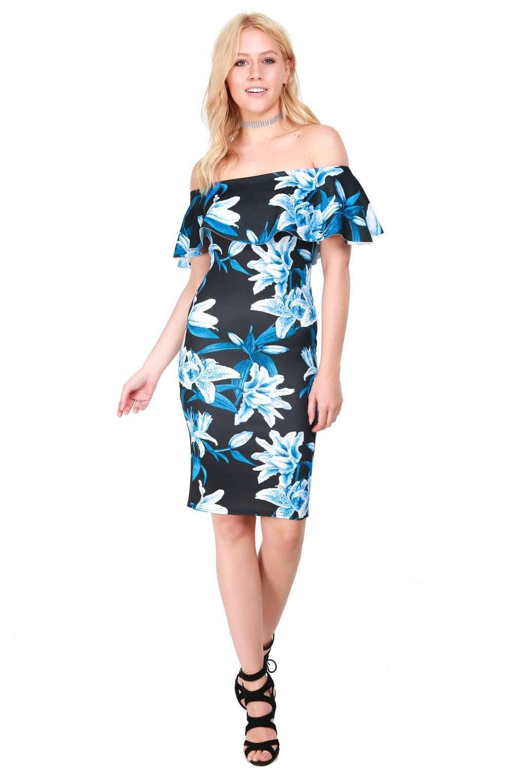 Off Shoulder Blue Floral Midi Bodycon Dress - bejealous-com