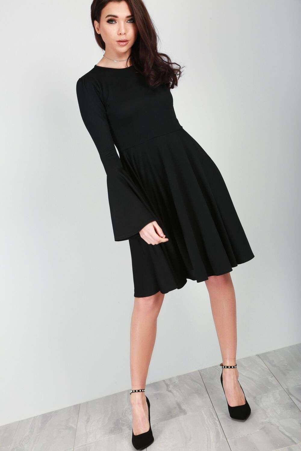 Abbie Frill Sleeve Black Midi Swing Dress - bejealous-com