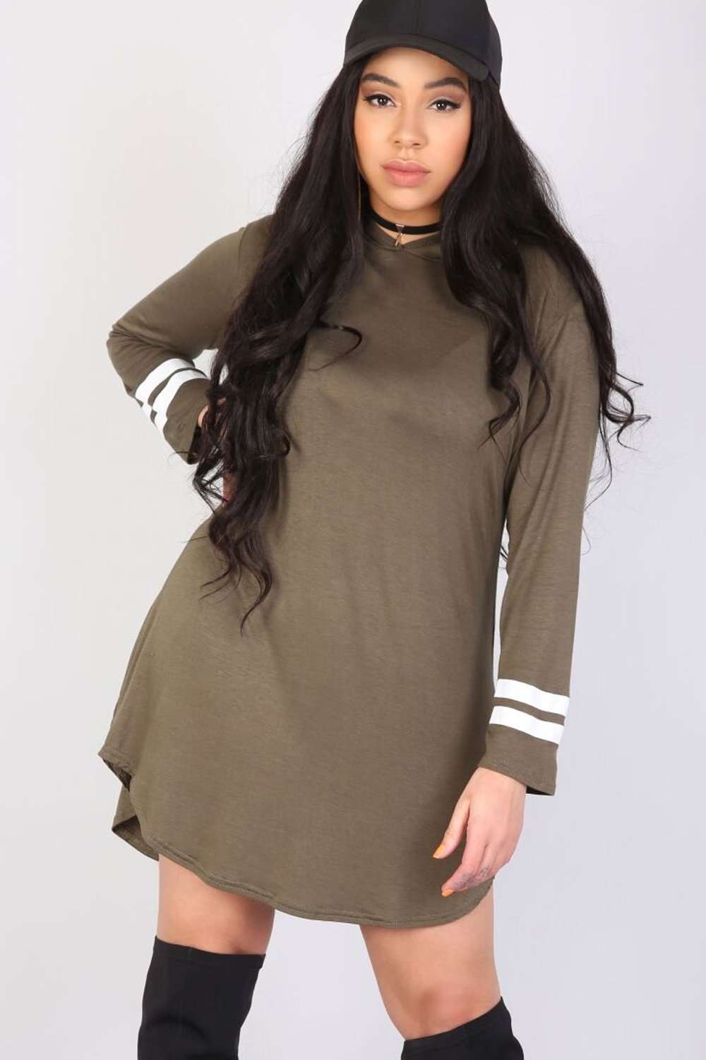 Alaskia Striped Sleeve Oversized Hooded Tshirt Dress - bejealous-com