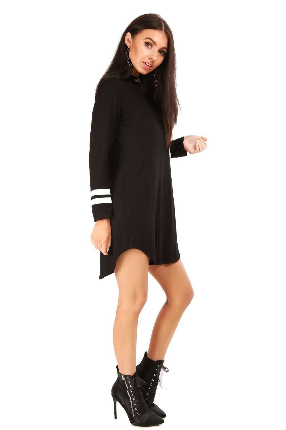 Alaskia Striped Sleeve Oversized Hooded Tshirt Dress - bejealous-com