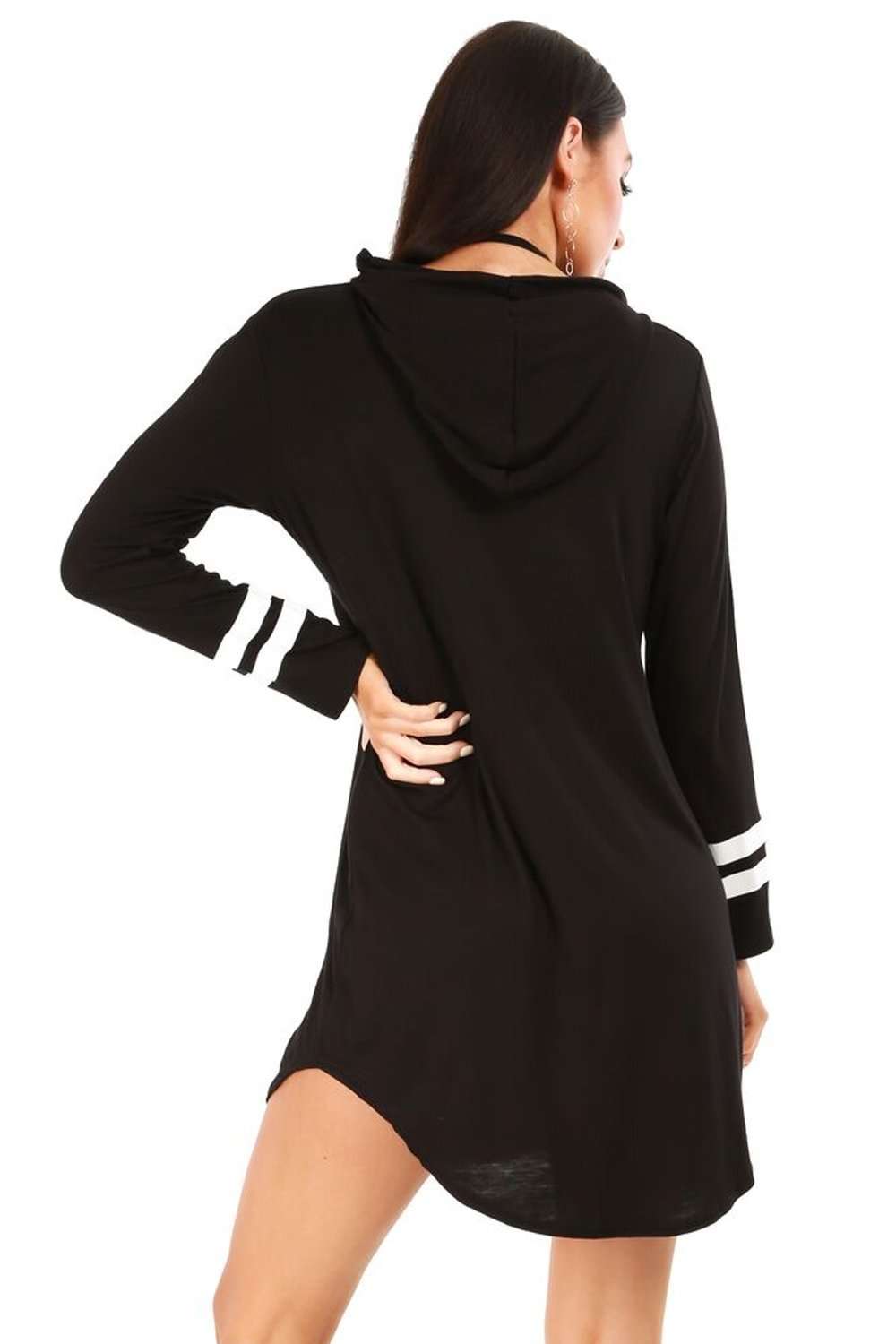 Alaskia Striped Sleeve Oversized Hooded Tshirt Dress - bejealous-com