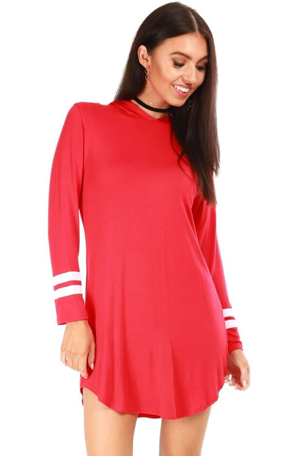 Alaskia Striped Sleeve Oversized Hooded Tshirt Dress - bejealous-com