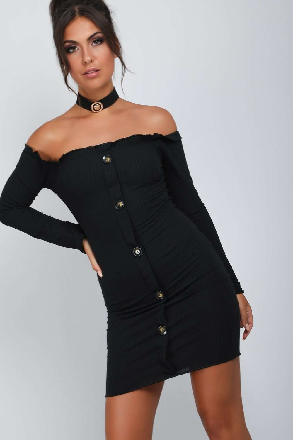 Alexia Off Shoulder Button Bodycon Dress - bejealous-com