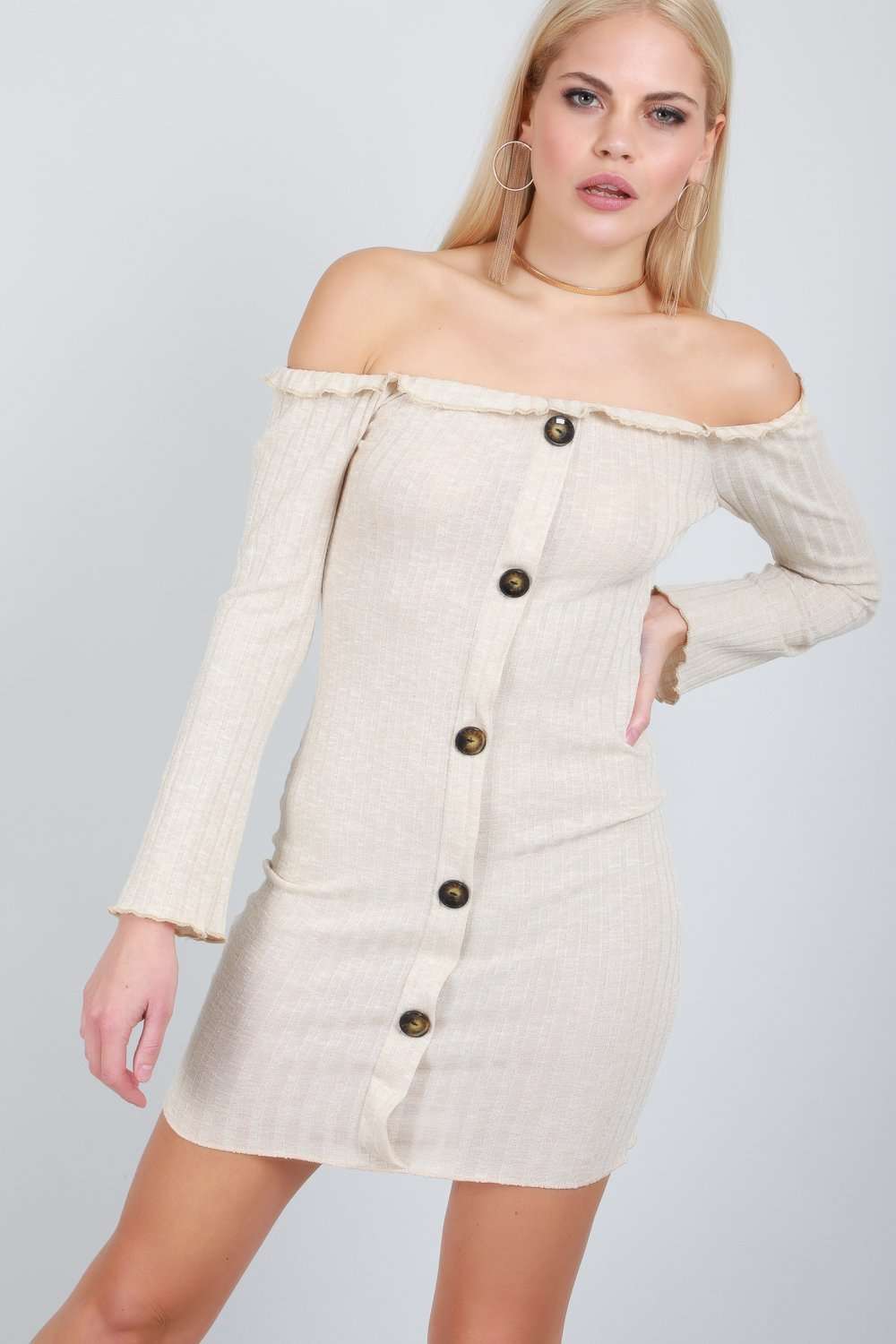 Alexia Off Shoulder Button Bodycon Dress - bejealous-com