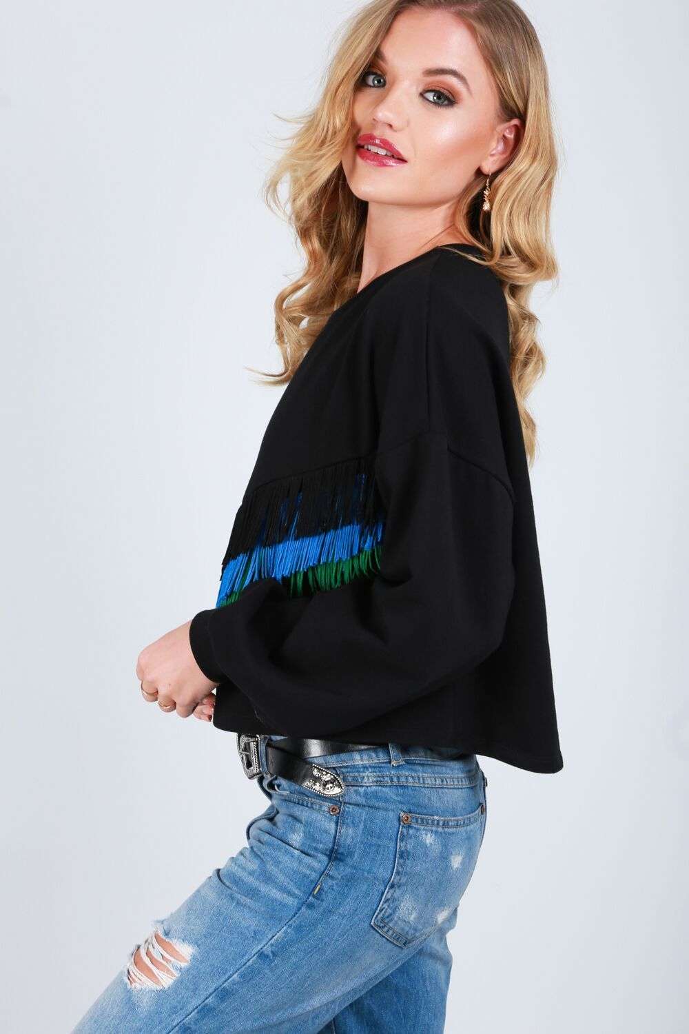 Alice Tassel Front Balloon Sleeve Cropped Sweatshirt - bejealous-com