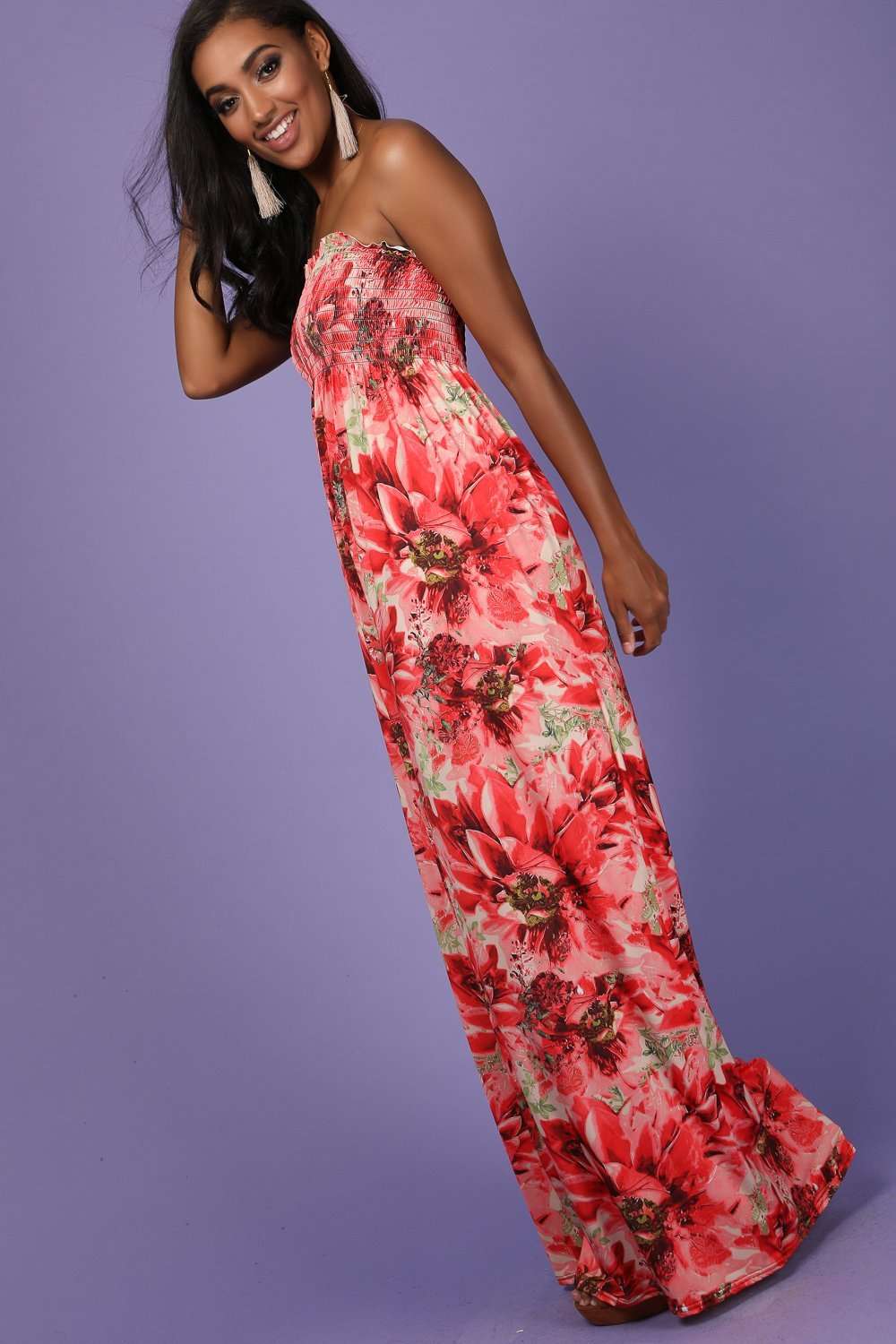 Alli Sheering Bardot Red Floral Maxi Dress - bejealous-com