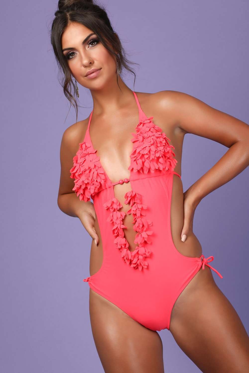 Amanda Ruffle Halterneck Cut Out Swim Suit - bejealous-com