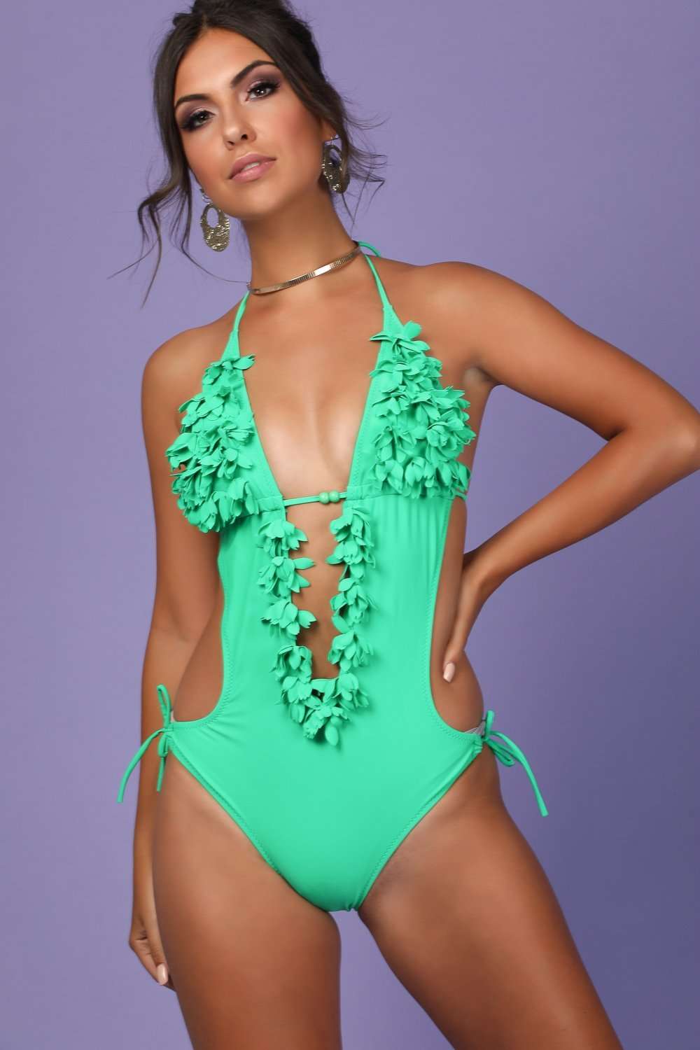 Amanda Ruffle Halterneck Cut Out Swim Suit - bejealous-com