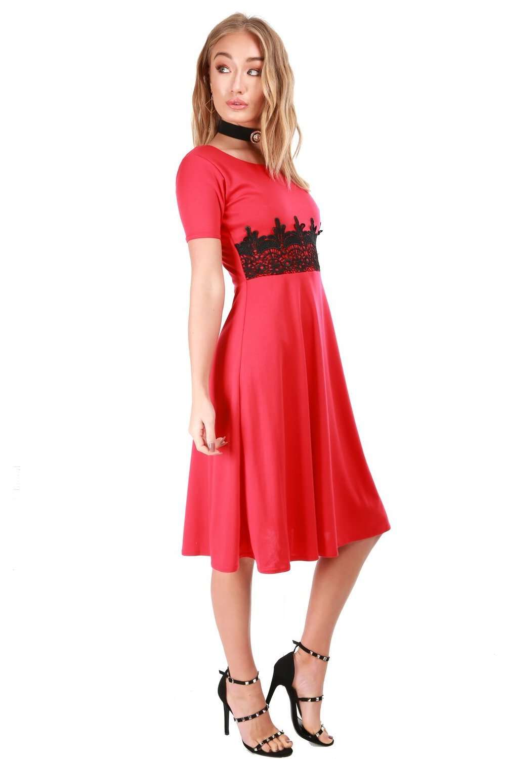 Amarah Cap Sleeve Lace Insert Midi Skater Dress - bejealous-com