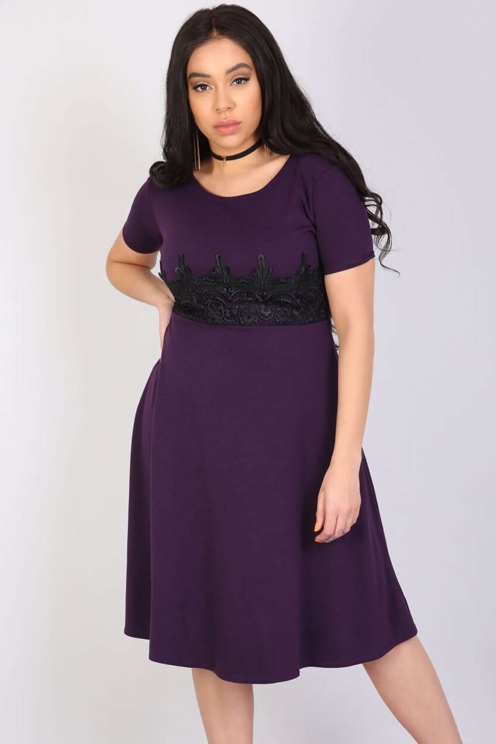 Amarah Cap Sleeve Lace Insert Midi Skater Dress - bejealous-com