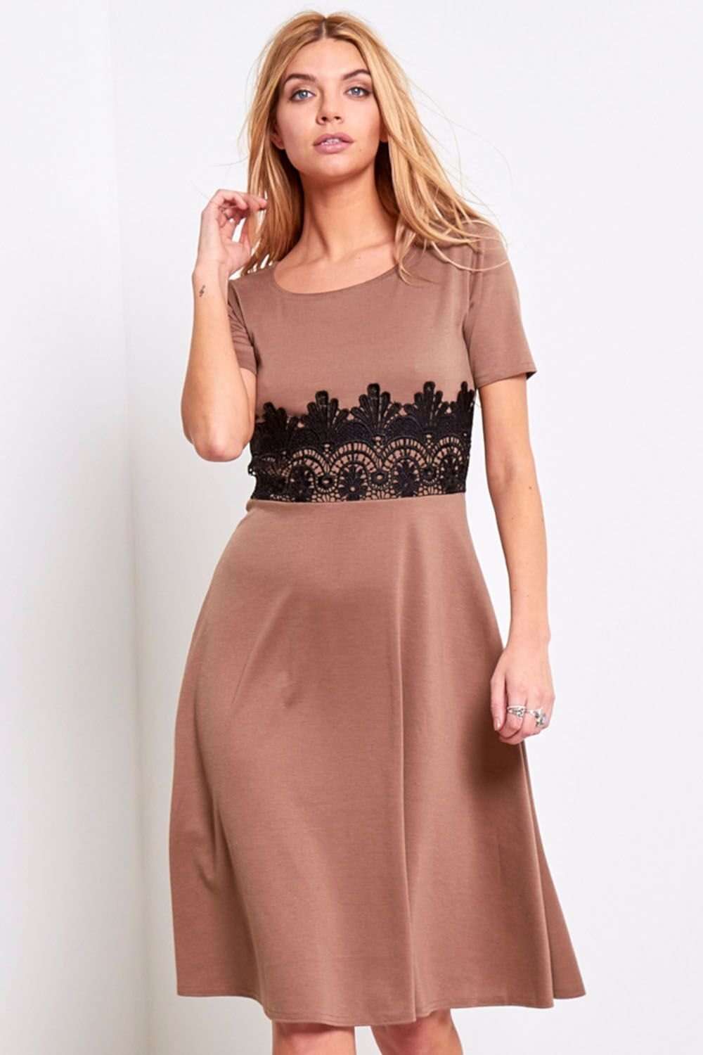 Amarah Cap Sleeve Lace Insert Midi Skater Dress - bejealous-com