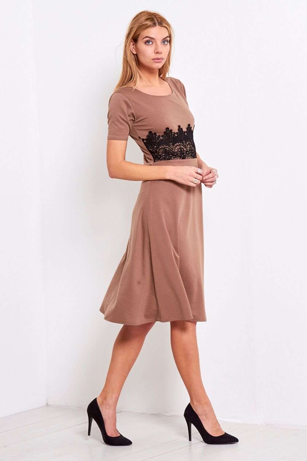Amarah Cap Sleeve Lace Insert Midi Skater Dress - bejealous-com