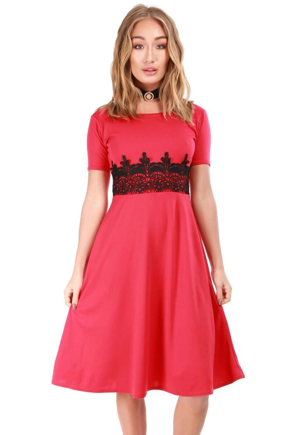 Amarah Cap Sleeve Lace Insert Midi Skater Dress - bejealous-com