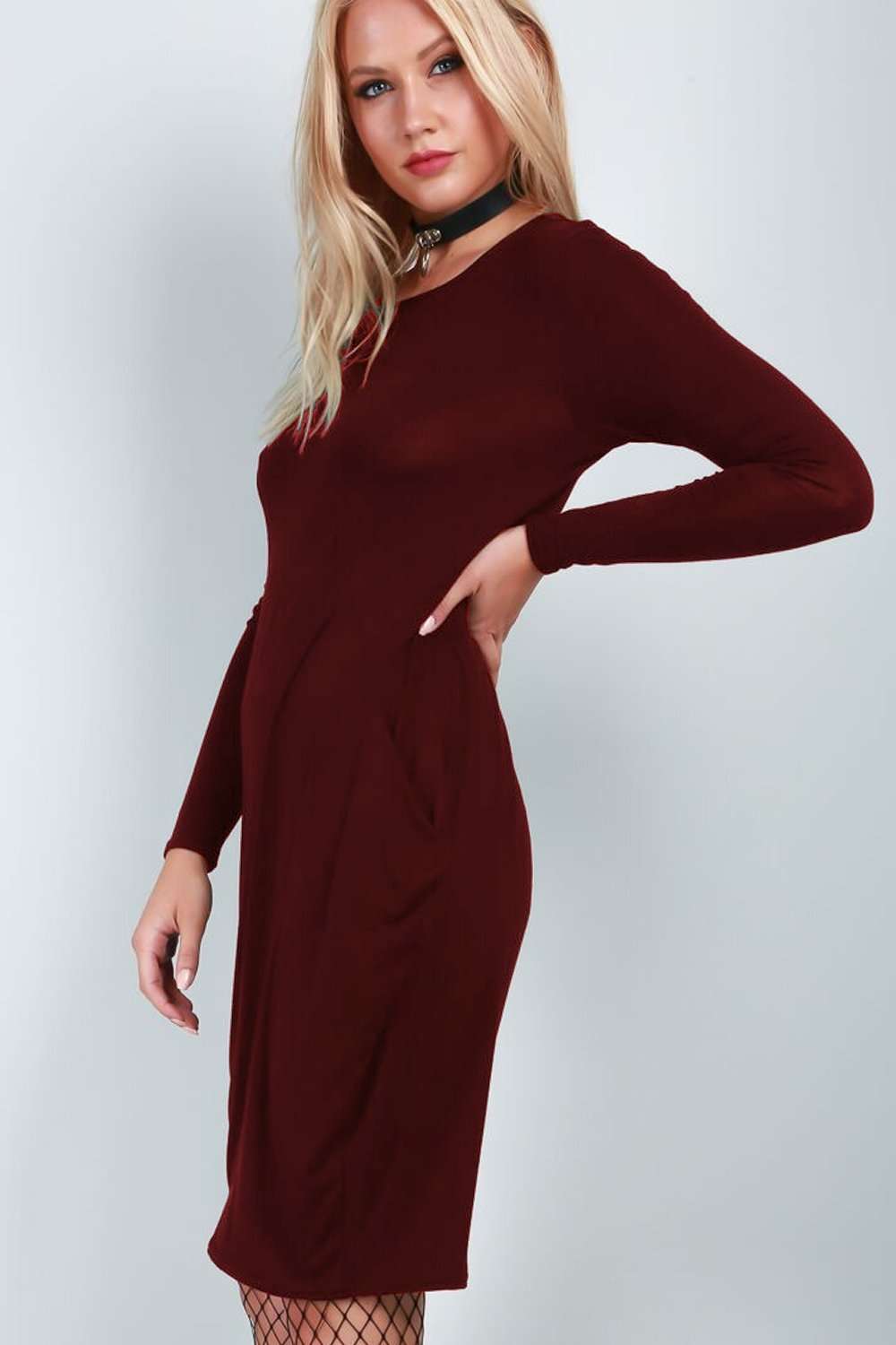 Amber Long Sleeve Draped Midi Dress - bejealous-com