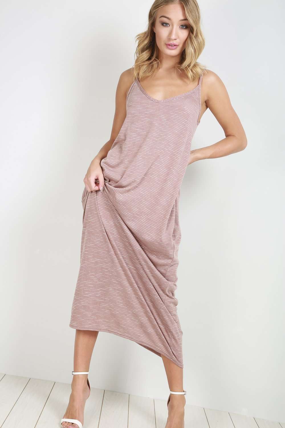 Amelia Pink Marl Knit Slinky Strappy Maxi Dress - bejealous-com