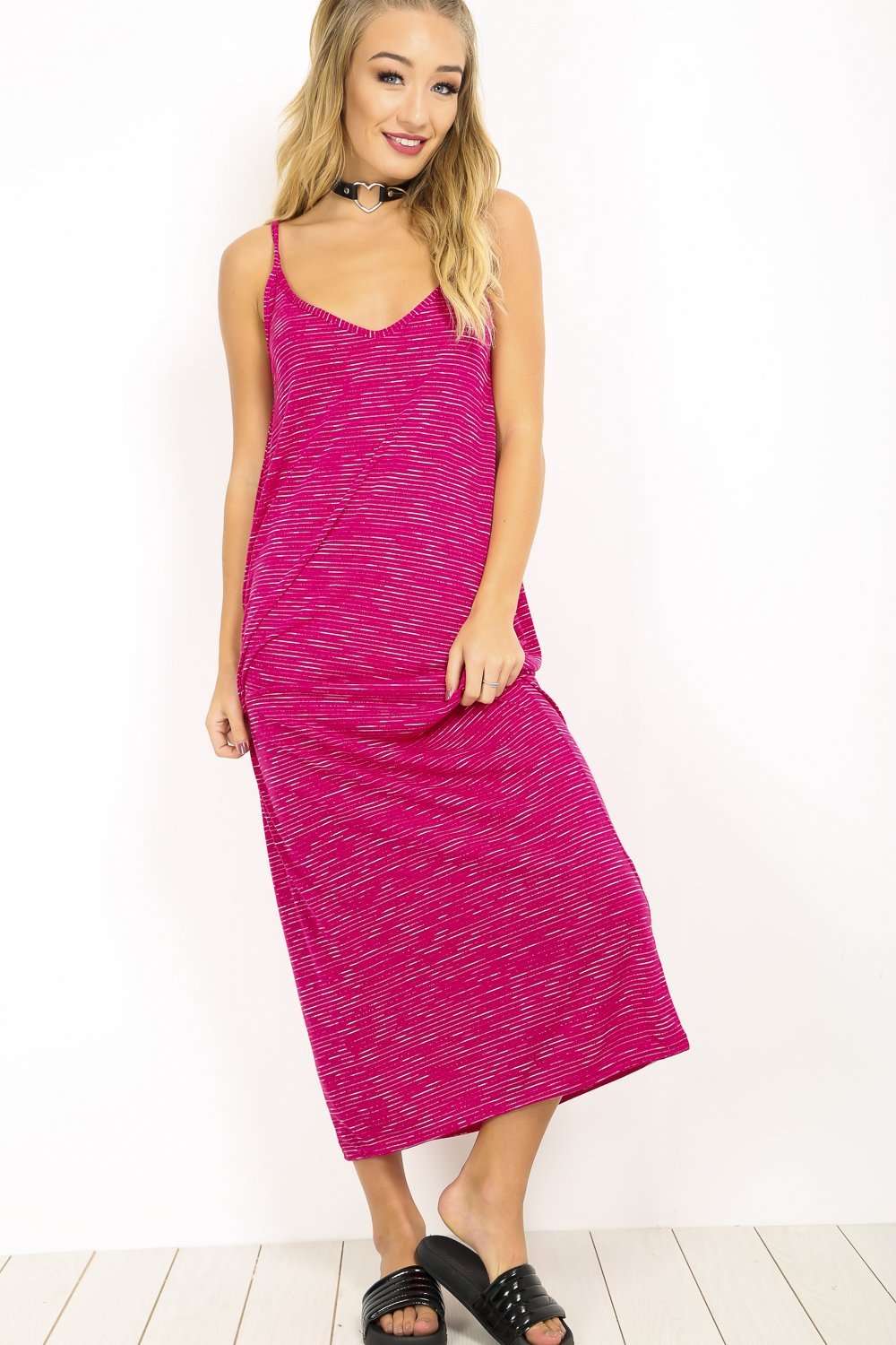 Amelia Pink Marl Knit Slinky Strappy Maxi Dress - bejealous-com