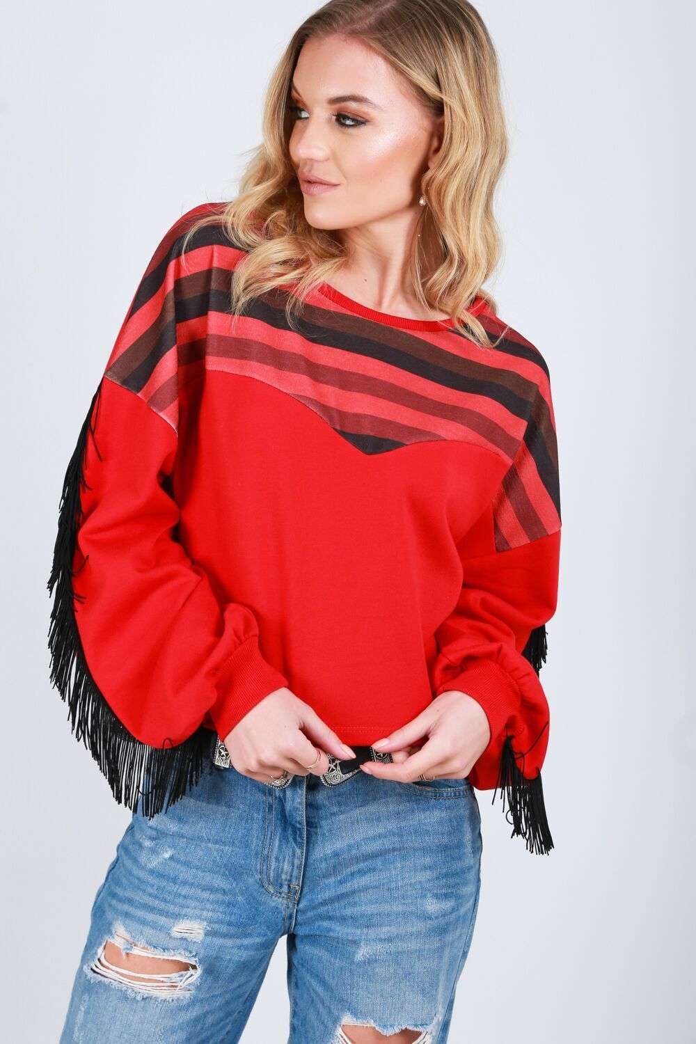 Amelia Tassel Sleeve Oversized Striped Cropped Sweater - bejealous-com