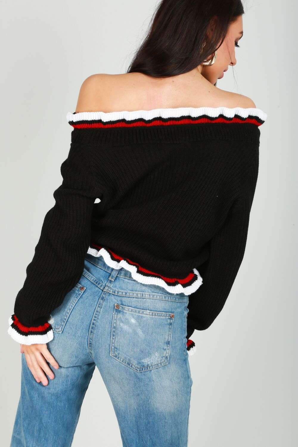 Amelie Bardot Striped Frill Sleeve Knitted Jumper - bejealous-com