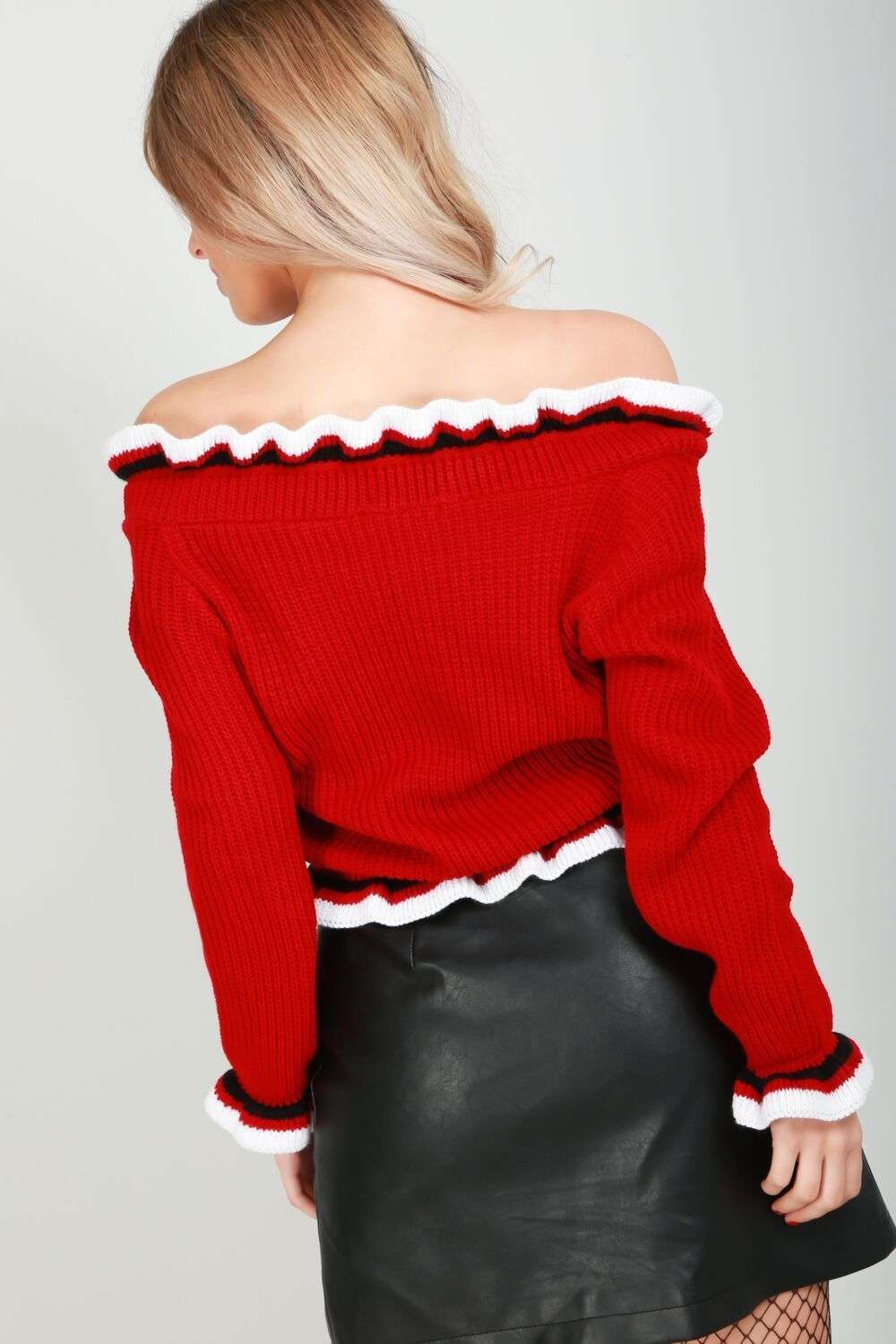 Amelie Bardot Striped Frill Sleeve Knitted Jumper - bejealous-com