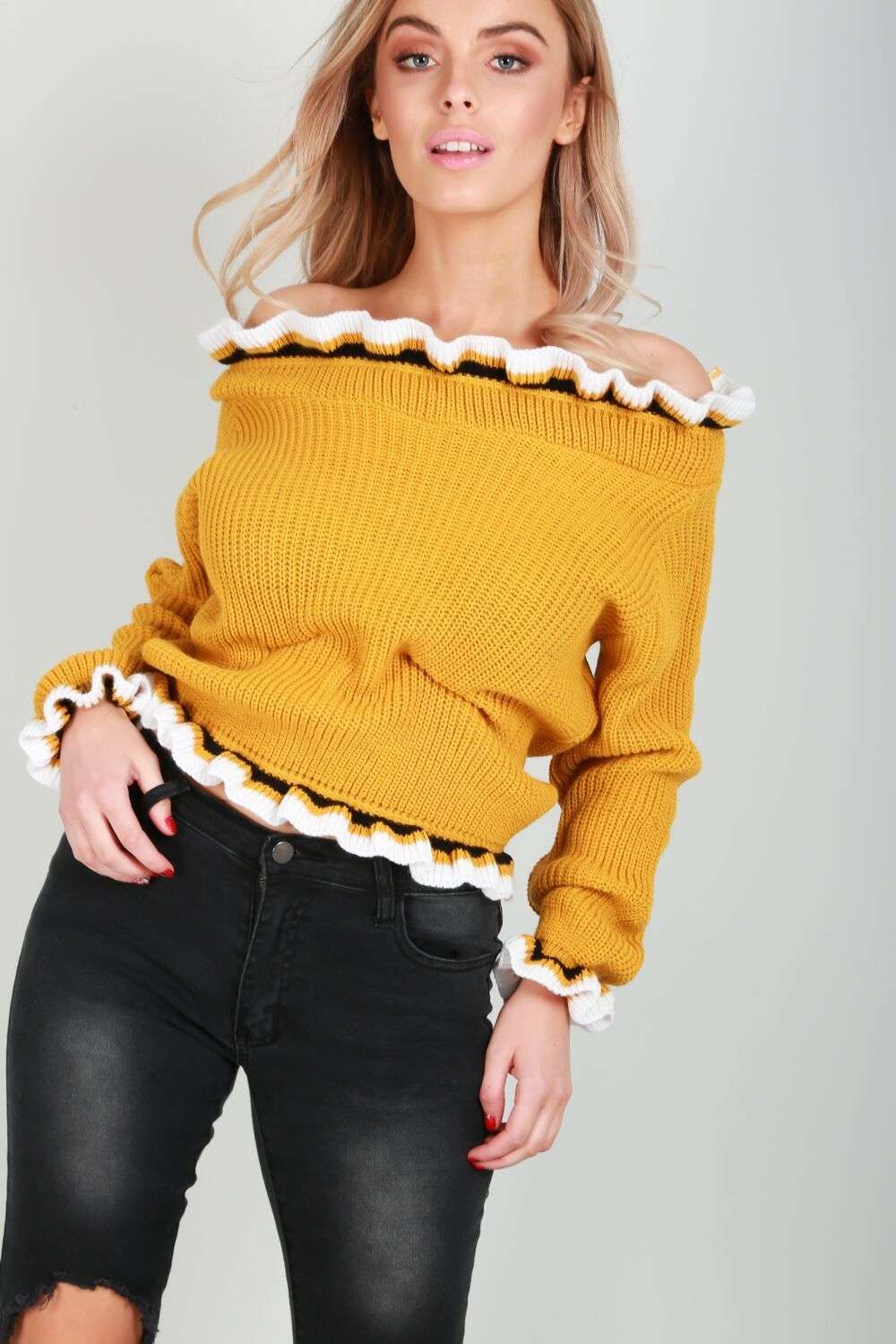 Amelie Cold Shoulder Frill Sleeve Knitted Jumper - bejealous-com