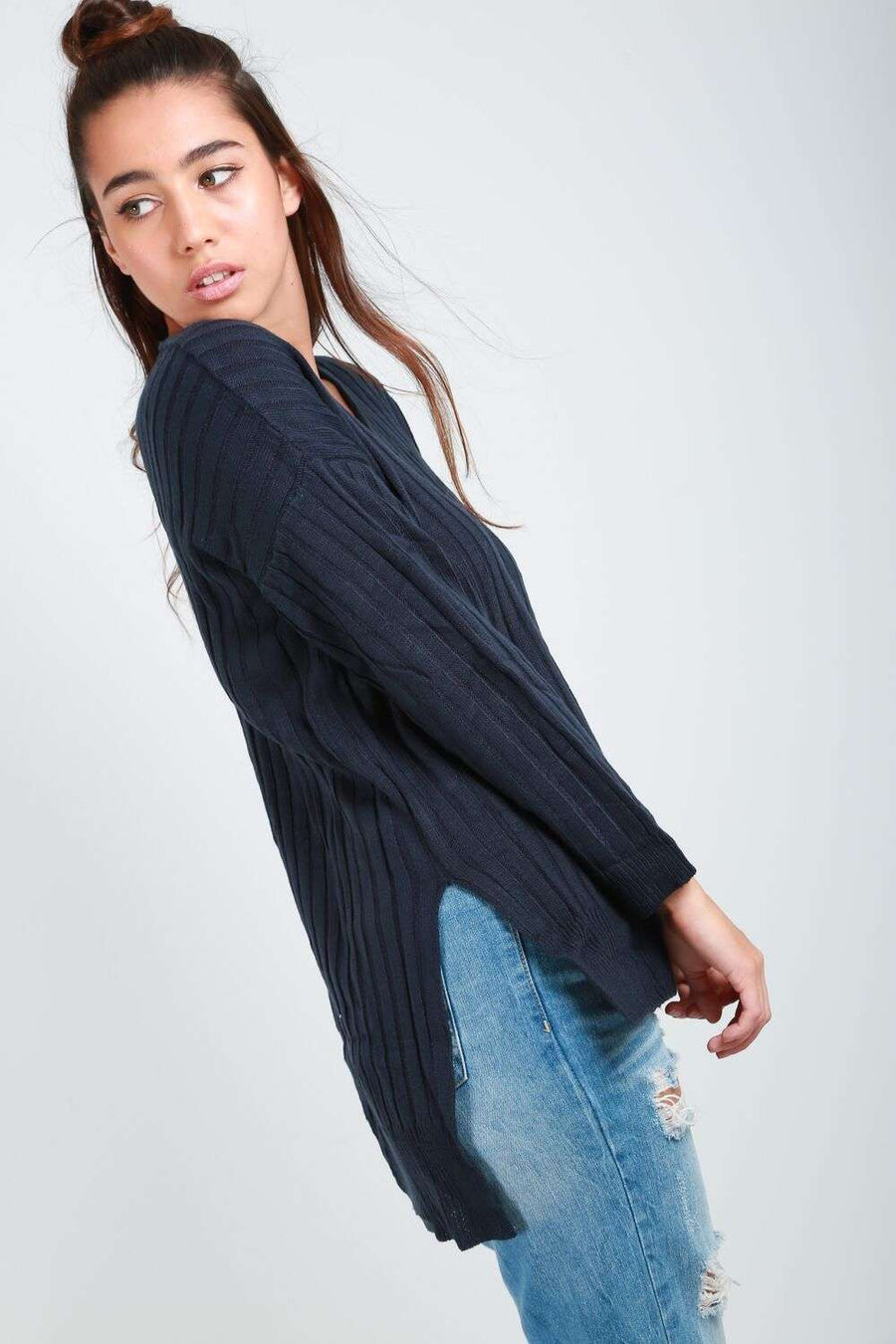 Amelie Long Sleeve V Neck Ribbed Knitted Jumper - bejealous-com