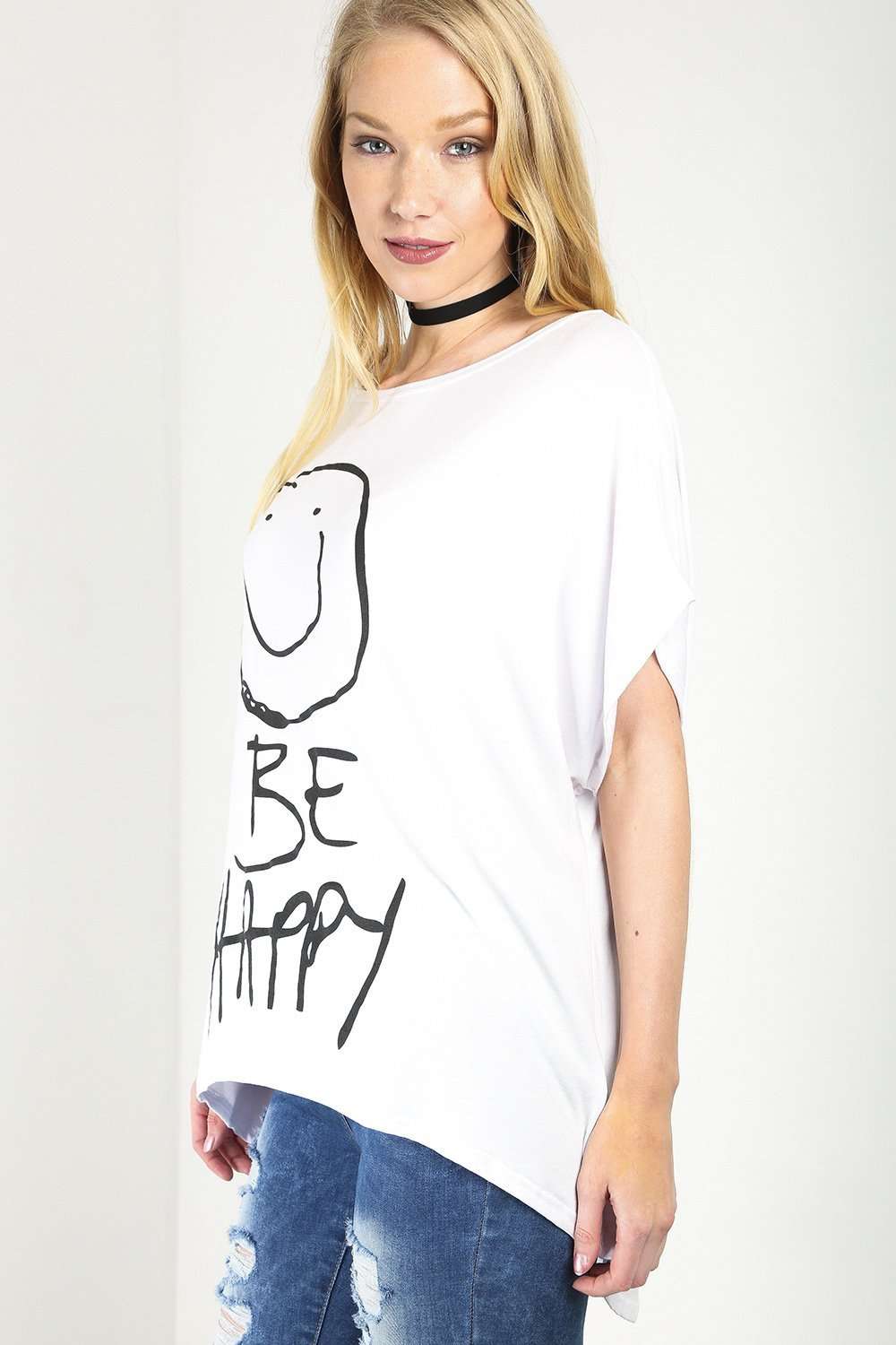 Arlene Be Happy Oversized Slogan Print TShirt - bejealous-com