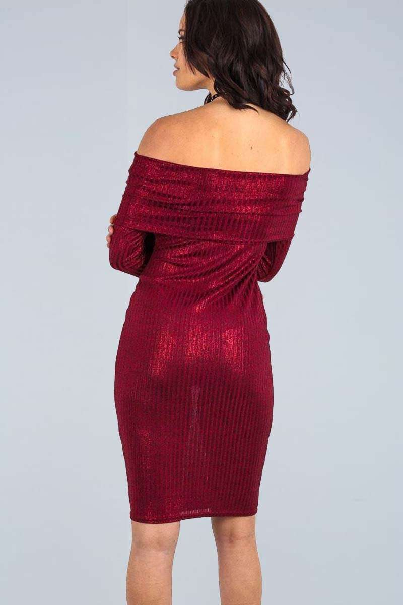 Asia Long Sleeve Bardot Metallic Fine Knit Bodycon - bejealous-com