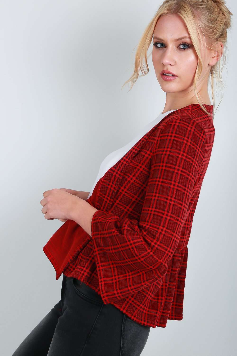 Ava Red Tartan Print Frill Sleeve Jacket - bejealous-com