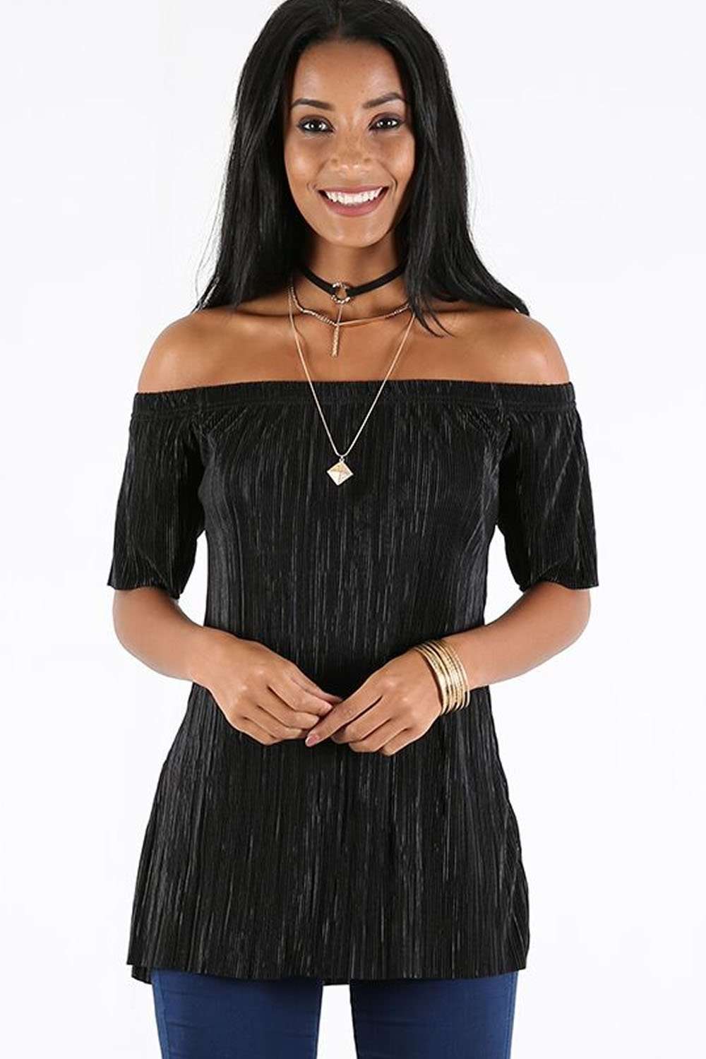 Baily Off Shoulder Metallic Pleated Top - bejealous-com