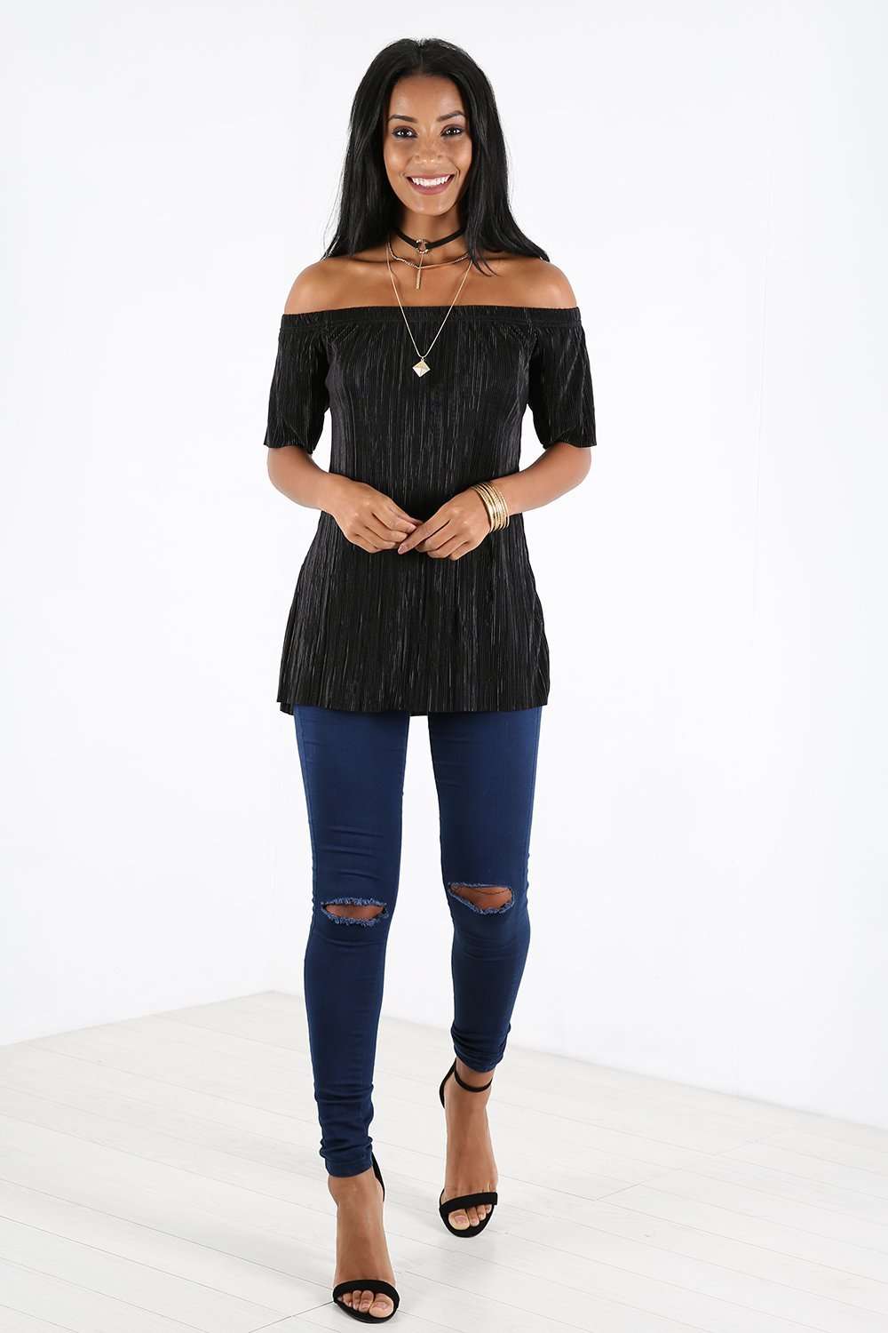 Baily Off Shoulder Metallic Pleated Top - bejealous-com